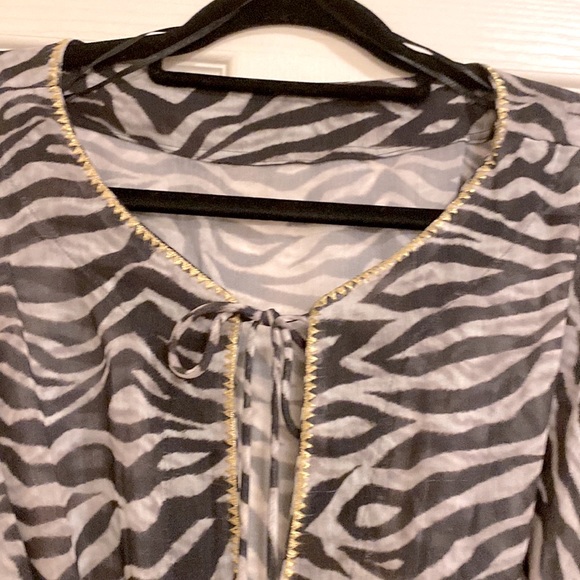 Kaftan in Zebra print with gold trim tasseled tie front at neckline Size OS - Picture 2 of 6